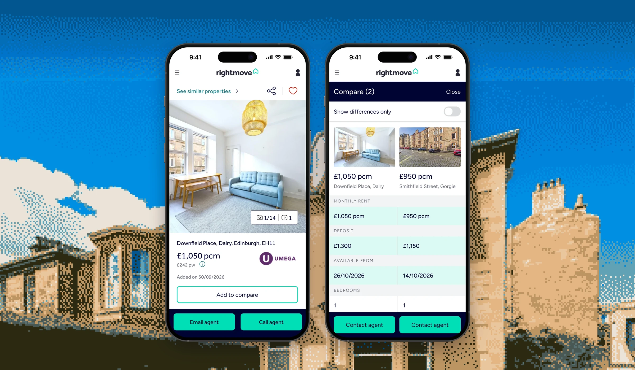 Two phones showing the redesigned Rightmove concept: a listing with an Add to compare button, and two properties compared side by side, in front of a pixelated picture of a sandstone house under a blue sky.