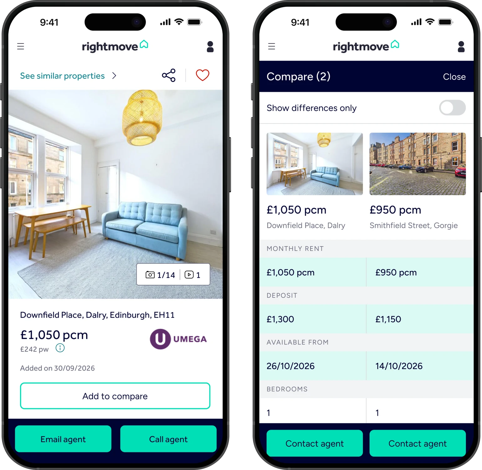 Two phones showing the redesigned Rightmove concept: a listing with an Add to compare button, and two properties compared side by side.