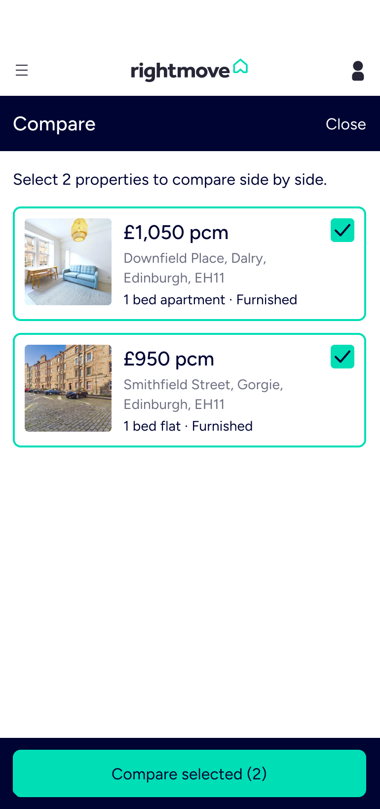 A Compare screen asking you to select 2 properties to compare side by side. Two saved properties are ticked, Downfield Place at £1,050 pcm and Smithfield Street at £950 pcm, above a Compare selected (2) button.