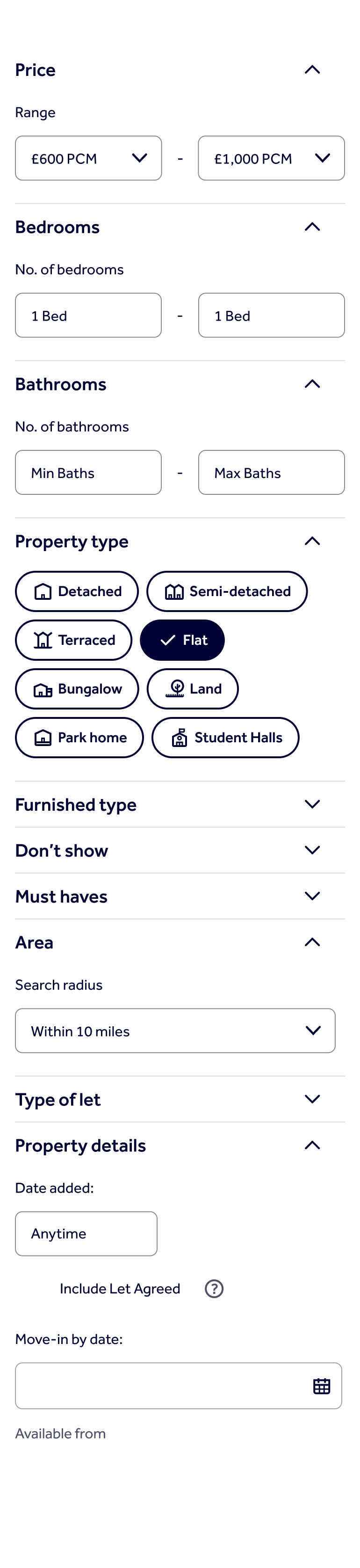 The reordered filter panel: price, bedrooms, bathrooms, property type, furnished type, then Don't show, followed by must haves, area, type of let and property details.