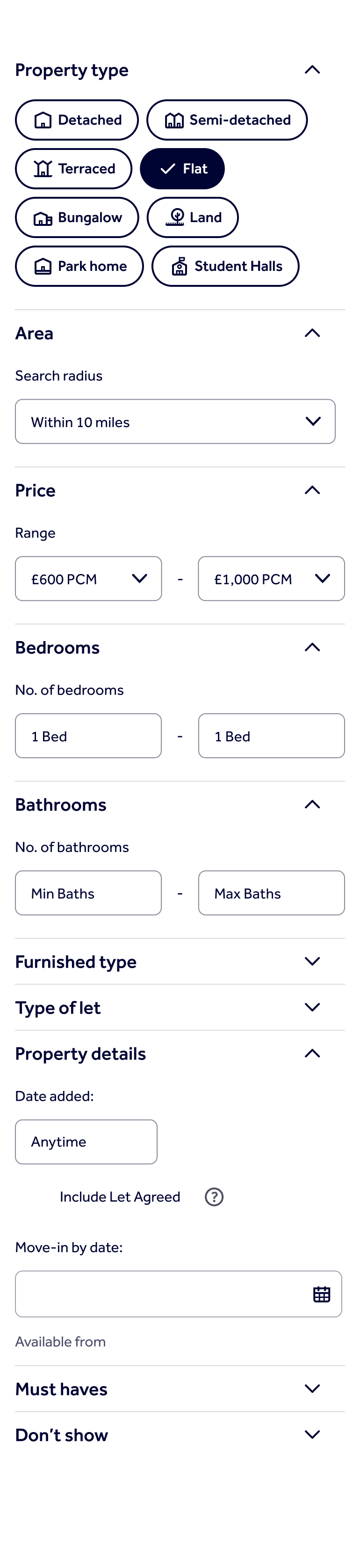 Rightmove's filter panel on a phone: property type, area, price, bedrooms, bathrooms, furnished type, type of let, property details, must haves, and Don't show as the last section, collapsed.