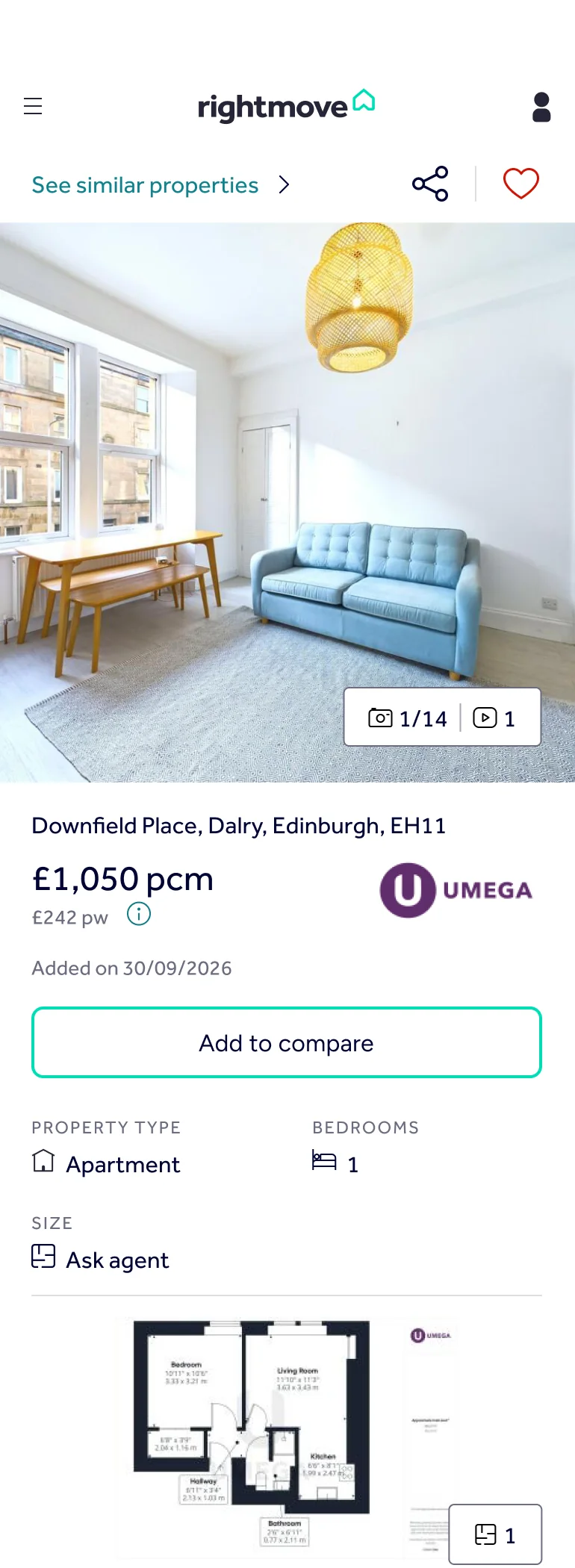 The reworked listing. Under the price is an Add to compare button, then property type, bedrooms and size, the floor plan and photos, and one grid for council tax, parking, garden, accessibility, floor level and pets, where pets reads Not provided. Letting details and the description follow.