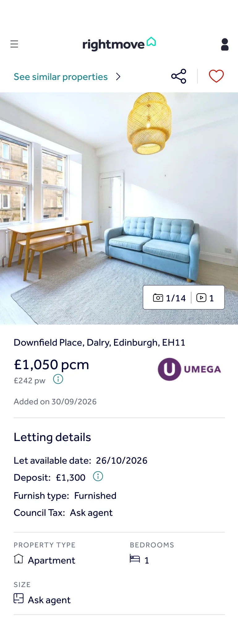 A Rightmove listing on a phone. After the photo and price come letting details, where council tax reads Ask agent, then property type, the floor plan and the description. Council tax band, parking, garden and accessibility only appear below the description. Floor level and pets are not shown.